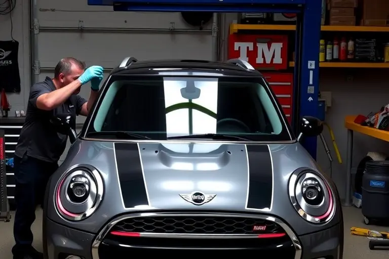 A mechanic in a garage carefully removing an old windshield from a Mini Countryman JCW 2.0 Turbo and installing a new one, with the car's front visible, tools and a clean workspace, no text or digits in the image