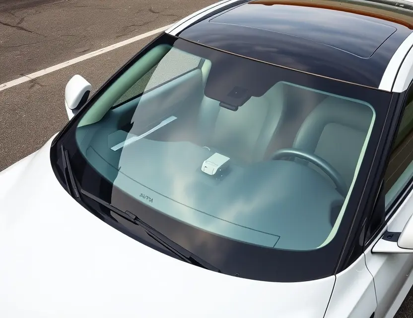 A high-quality image depicting a Xiaomi SU7 car with a replaced windshield. The windshield is visibly new and clear, contrasting with the older, damaged windshield. The car is parked outdoors on a clean asphalt surface. Focus on the detail of the replaced windshield and the overall aesthetic of the car.