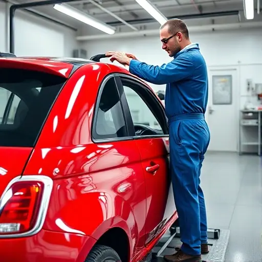 Close-up side view of a red Abarth 500 parked in a clean workshop bay, windshield removed and lying on a padded stand beside the car, technician in blue overalls carefully aligning a brand-new windshield into place, bright overhead workshop lighting, crisp reflections on the glossy paint, small tools and suction cups visible, no text or logos