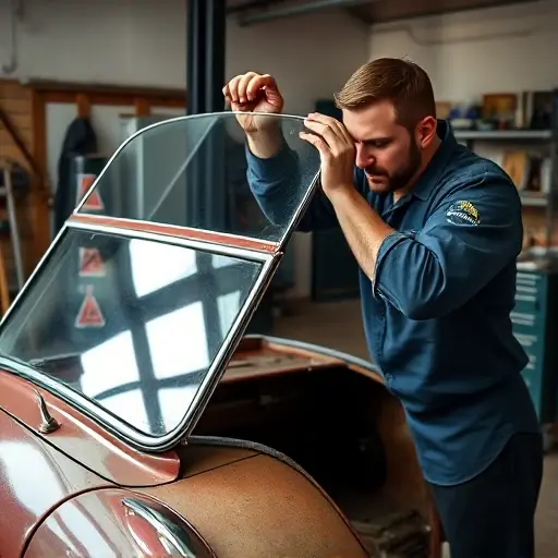A mechanic in a garage, carefully removing the old windshield from a 1960s Austin A40 1.2 L R4 42 hp car, and fitting a new clear glass panel, with the car's classic body visible, tools and a workbench in the background.