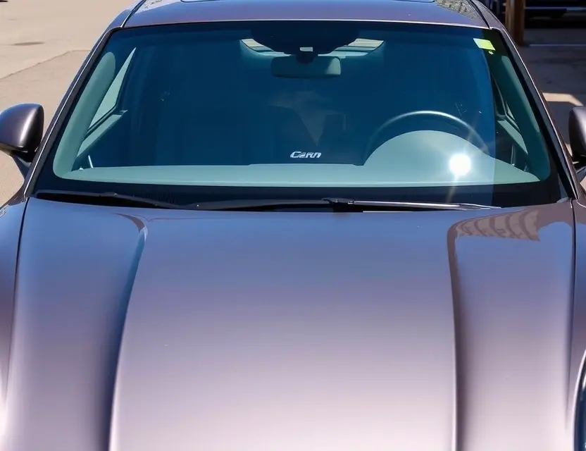 A high-quality image depicting a Porsche Macan with a replaced windshield. The car is parked outdoors on a sunny day. The replaced windshield is seamlessly integrated with the original, showing no visible cracks or imperfections. Focus on the details of the windshield replacement and the overall condition of the car.