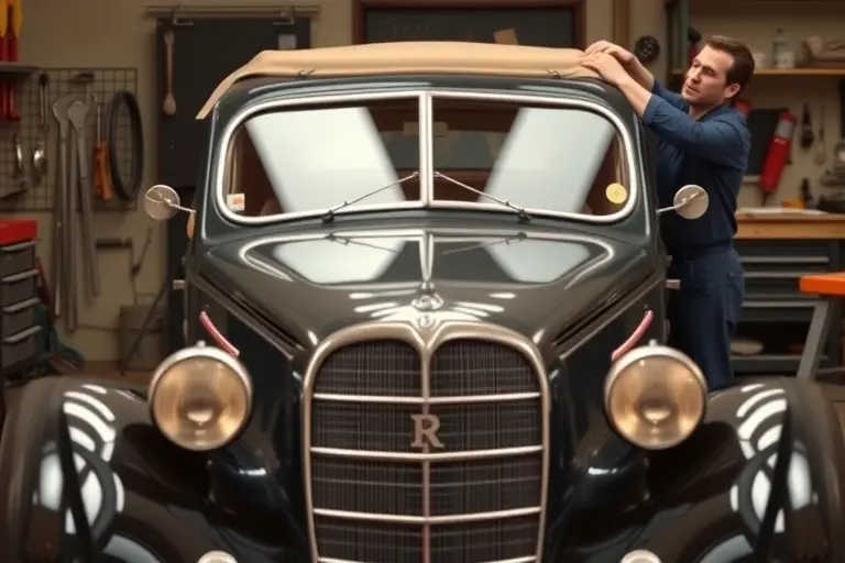 A classic Horch 930 V 3.8 L V8 92 hp (1938–1940) car in a workshop, with a mechanic removing the old windshield and installing a new one. The scene shows the car's front, the mechanic's hands, tools, and the new glass being fitted. The background is a workshop with tools and a workbench. The image is realistic, detailed, and contains no text or lettering.