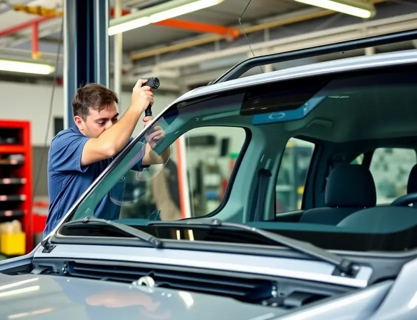A detailed image of a professional mechanic replacing the windshield of an Isuzu MU-X. The scene should include the mechanic using specialized tools, the new windshield being carefully positioned, and the vehicle's interior visible through the open hood. The setting should be a well-equipped auto repair shop with proper lighting and safety equipment.