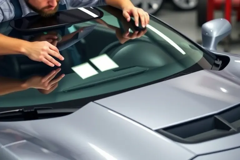 A detailed close-up of a mechanic replacing the windshield on a Chevrolet Corvette C6, showing the removal of the old glass, the new windshield being fitted, and the car's front side, with focus on the car's design and the replacement process.