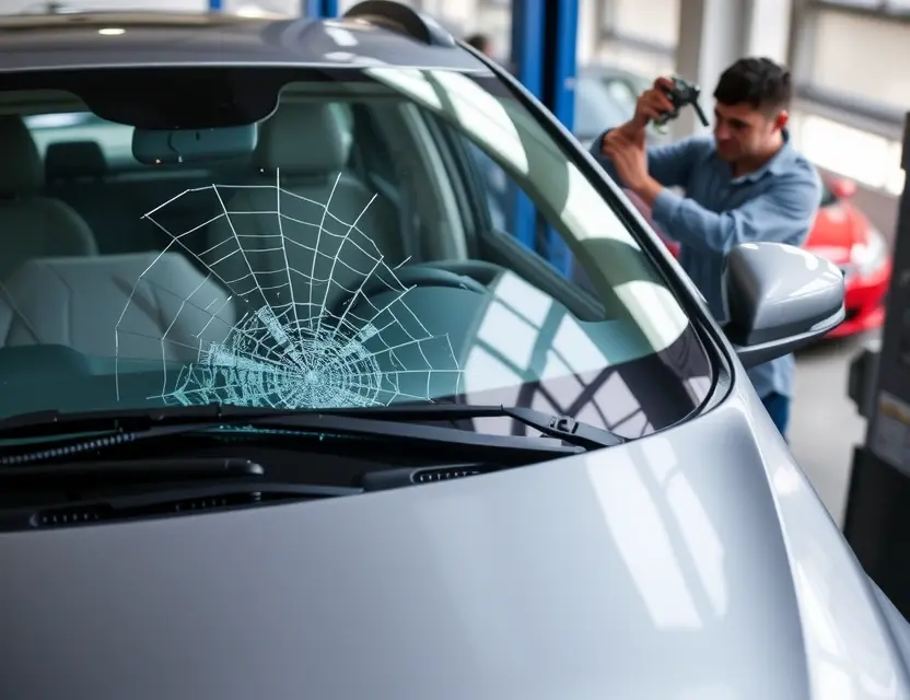 A JMC Yuhu car with a cracked windshield undergoing windshield replacement at an auto repair shop. The car is parked indoors, with mechanics working on the windshield. Focus on the replacement process and the car's exterior.