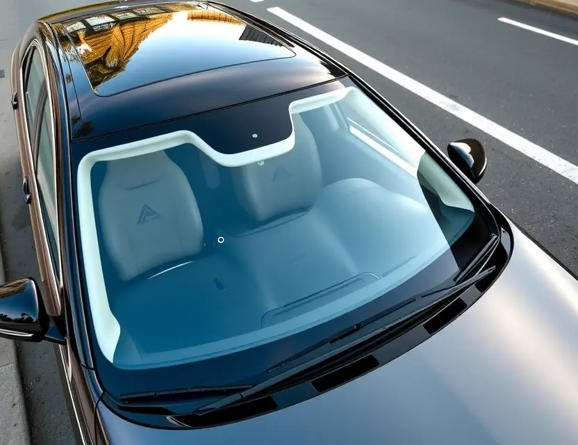 A high-quality image of a Maybach S 680 with a replaced windshield. The car is parked on a clean, modern road. The replaced windshield is seamlessly integrated with the original, showing a clear, unobstructed view. Focus on the detail of the replacement and the car's luxurious exterior.