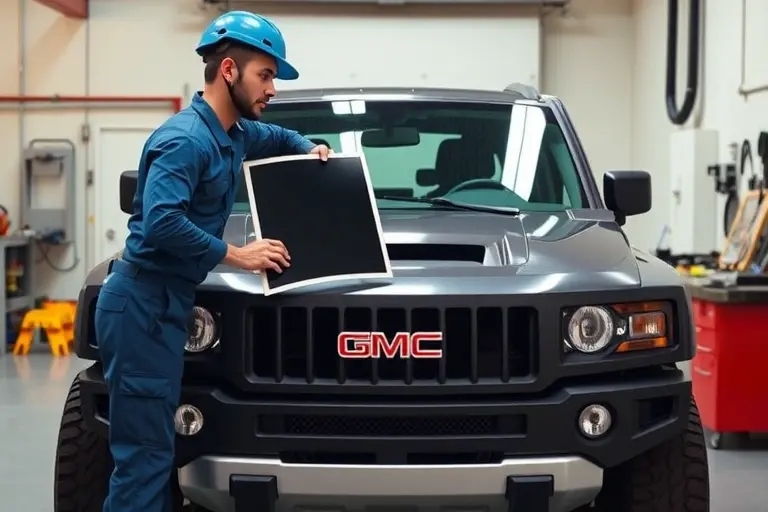 A detailed scene of a mechanic replacing the windshield on a GMC Hummer EV Pickup Edition 1 electric vehicle in a garage. The image shows the vehicle's front, the old windshield removed, the new windshield being installed, tools and a workbench in the background. The setting is a clean, well-lit garage with a workbench, a hydraulic lift, and a GMC Hummer EV Pickup visible. The mechanic is wearing a blue coveralls and a helmet, holding a new windshield. The focus is on the windshield replacement process, with the vehicle's front and the windshield clearly visible. No text or lettering in the image.
