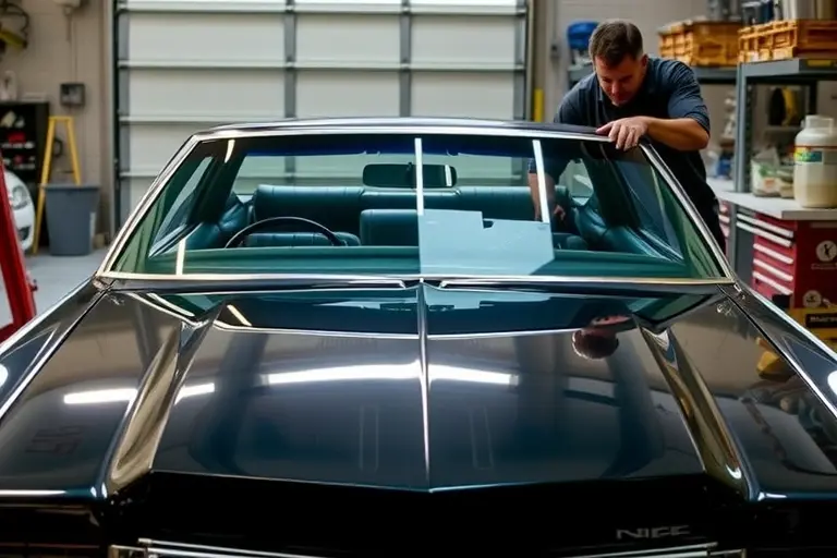 A detailed scene of a classic 1970 Cadillac Eldorado with its front windshield being replaced by a skilled mechanic in a well-lit garage. The car is positioned prominently, showing the open windshield frame, surrounding tools such as suction cups, a glass cutter, and a protective sheet. The atmosphere is realistic, with reflections on the car's polished body and a subtle background of garage equipment, emphasizing the automotive restoration process.