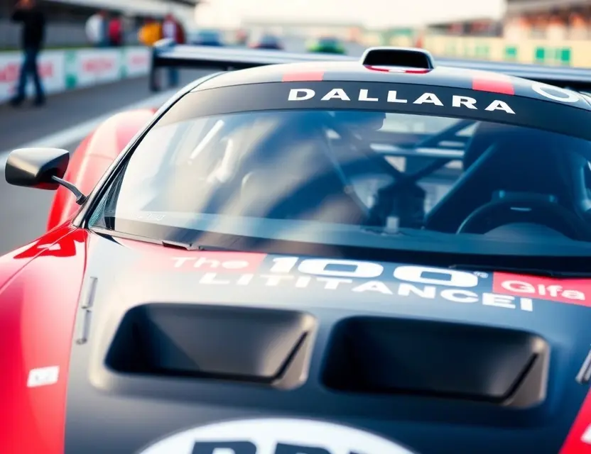 A Dallara race car with a replaced windshield, showcasing the new glass. The car is on a racetrack, with a blurred background of other cars and spectators. Focus on the clarity and quality of the replacement windshield.