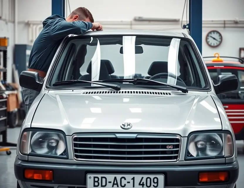 A high-quality, realistic image showing a professional mechanic replacing the windshield on a LADA car in a clean auto repair shop. The scene focuses on the front of the vehicle with the old glass removed and a new windshield being carefully installed. Tools and safety equipment are visible in the background. The lighting is bright and even, highlighting the car's details and the precision of the work. No text, logos, or watermarks are present.