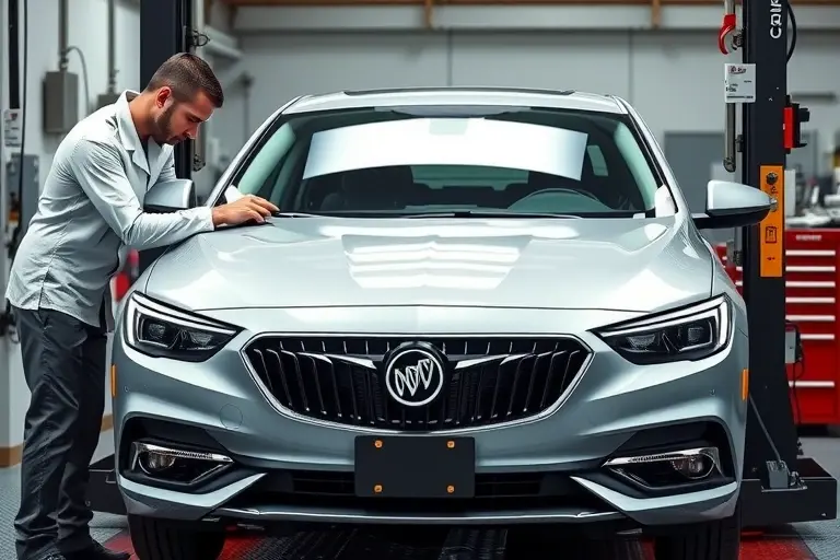 A professional automotive workshop scene showing a Buick GL8 2.0T (2016‑present) with its front windshield removed, a mechanic in clean work attire using tools to install a new windshield, the car positioned on a lift, clear focus on the glass area and surrounding parts, realistic lighting and detailed textures