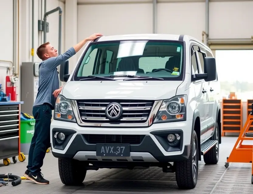 A car mechanic replacing the windshield of a Dongfeng AX7, showing the vehicle in a well-lit garage with tools and safety equipment nearby, no people in the foreground, realistic automotive repair scenario