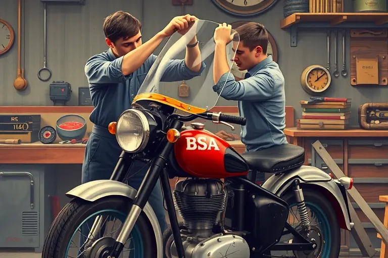 A detailed illustration of a 1930s BSA Scout 1.3 L R4 motorcycle (1935-1939) in a vintage workshop, showing a mechanic in period clothing carefully removing the old windshield and installing a new one. The scene emphasizes the motorcycle's classic design, the glass windshield, and authentic tools of the era, with a warm, realistic lighting that highlights the metal and glass textures.