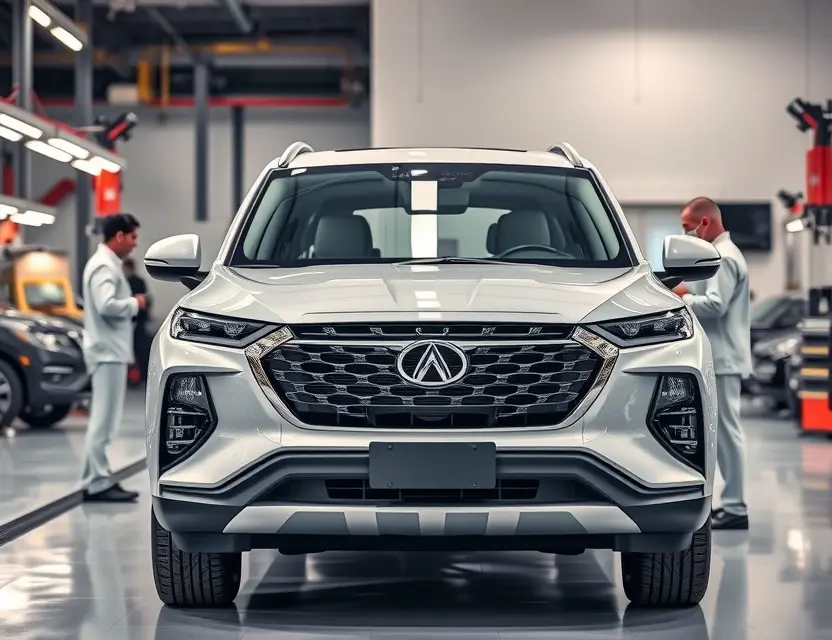 A high-quality, realistic photo of a ChangFeng Liebao CS6 SUV parked in a professional auto repair shop, with the front windshield removed to show the empty frame, mechanics in clean uniforms working nearby, bright studio lighting, clean background, no text or logos