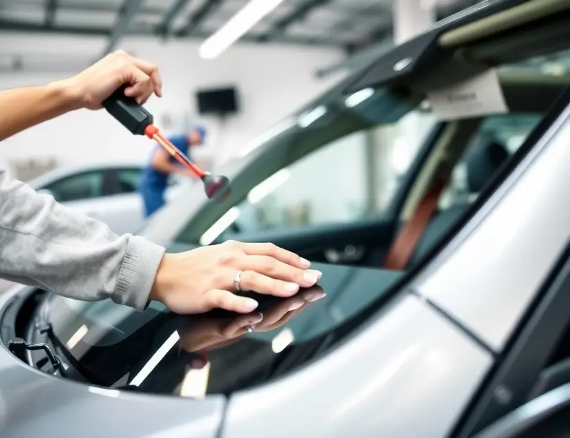 A close-up shot of a mechanic carefully removing a windshield from a car. The focus is on the removal process, showing tools like a glass cutter and suction cups. The car is a modern sedan, and the background is a clean, well-lit auto repair shop.