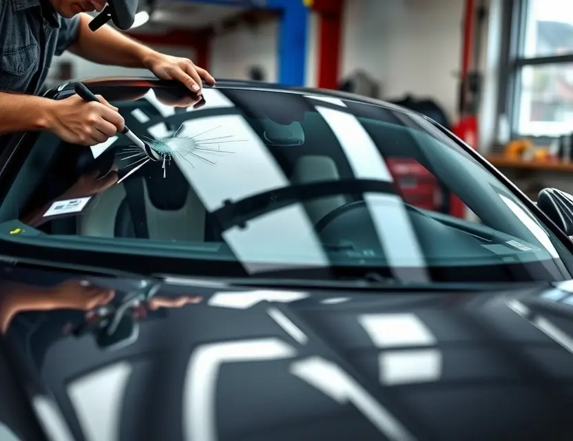 A close-up of a Porsche Panamera's windshield being replaced by a technician in a professional auto glass repair shop, showing the old cracked windshield being removed and a new one being installed with precision tools, focus on the car's sleek design and the detailed process of windshield replacement, natural daylight lighting, high detail, realistic style