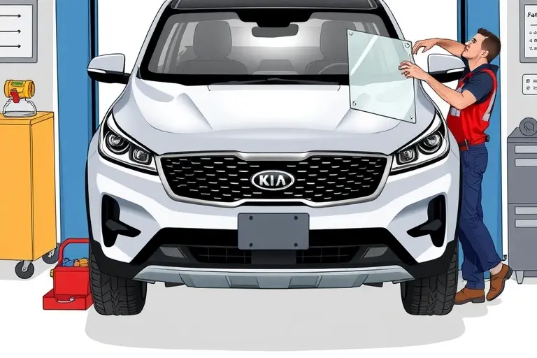 A detailed, realistic illustration of a mechanic replacing the windshield on a 2020 Kia Sorento 2.5 Turbo. The scene shows the vehicle on a lift, the old windshield removed, a new clear glass panel being fitted, with tools and safety equipment around. The focus is on the car's front, the windshield area, and the mechanic's hands. No text or lettering should appear in the image.