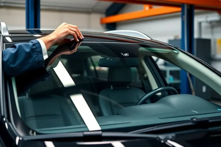 A close-up view of a Cadillac SRX windshield replacement process in a professional auto shop, a technician carefully installing a new transparent windshield into the frame of a Cadillac SRX, the car interior visible through the glass, high quality, detailed, realistic