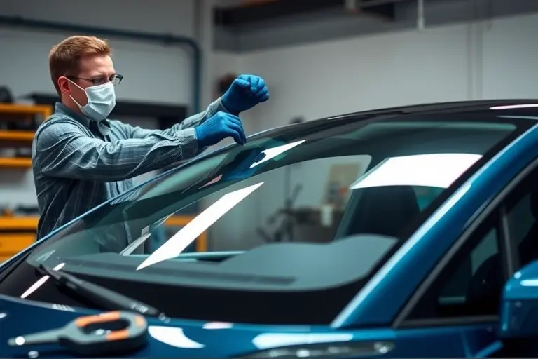 A detailed scene of a mechanic replacing the windshield on a sleek electric car, the Seres 5, in a modern garage. The mechanic, wearing gloves and a safety mask, carefully lifts the old glass and installs a new windshield. Tools are neatly arranged on a workbench, and the car's polished body is visible. The lighting is bright and focused, highlighting the glass and metal surfaces. The background shows a clean, organized workshop environment.