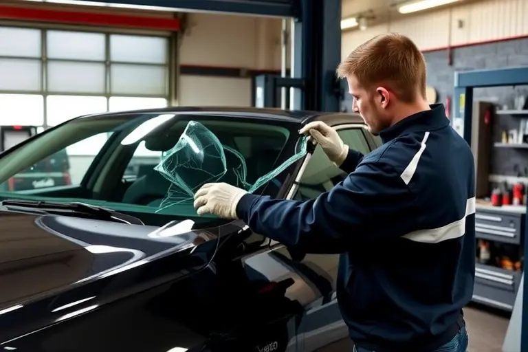 A mechanic in a garage, wearing gloves and a protective jacket, carefully removing a cracked windshield from a 2015 Chevrolet Malibu 1.5 Turbo 160 hp, with the car on a lift, the old windshield partially removed, a new windshield ready to be installed, tools and a workbench in the background