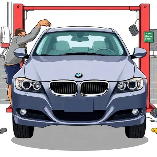 A detailed illustration of a mechanic replacing the windshield on a BMW 3 Series E90 (2008-2013) with a 3.0L 306hp engine. Show the car's front view, the old windshield being removed, the new windshield being installed, tools and a car lift. No text or lettering.