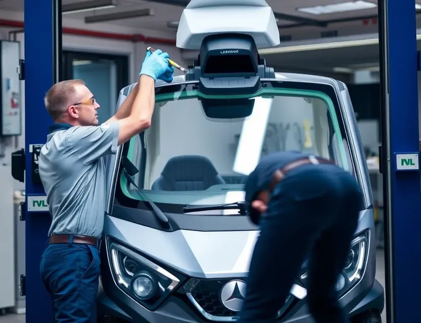 Замена лобового стекла Leapmotor A professional auto repair scene showing the replacement of a Leapmotor windshield. The image should depict a clean, well-organized garage with a Leapmotor vehicle positioned under a lift. A technician in a uniform is carefully removing the old windshield using specialized tools. The new windshield is placed nearby, ready for installation. The scene should include safety equipment such as gloves and goggles, and the overall atmosphere should convey precision and expertise.