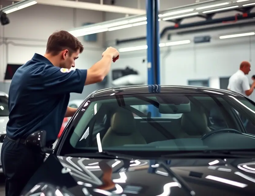 Замена лобового стекла Fisker A car mechanic replacing the windshield of a Fisker vehicle in a well-lit auto repair shop, with tools and new windshield visible, professional atmosphere, no people in the foreground, focus on the vehicle and repair process