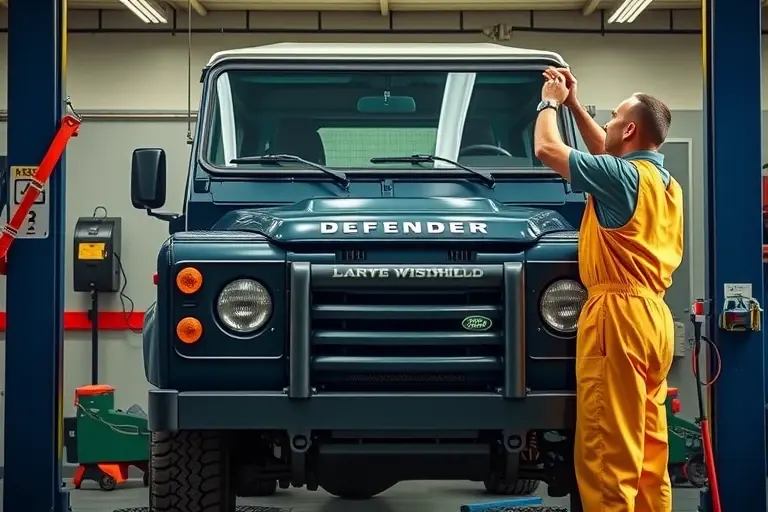 A detailed, realistic depiction of a mechanic replacing the windshield of a Land Rover Defender 5.0 V8 Supercharged. The scene shows the vehicle on a lift, the old windshield removed, a new glass panel being fitted, with tools and safety gear visible. The setting is a clean automotive repair shop with proper lighting. The focus is on the replacement process, showing the vehicle's front, the mechanic's hands, and the new glass. No text or logos should be present.