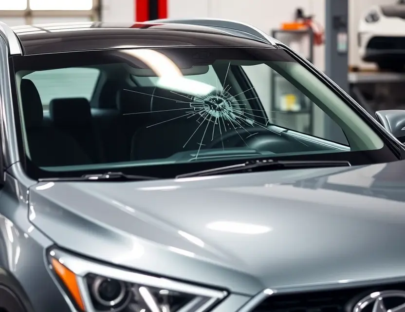 A Hyundai Santa Fe with a cracked windshield undergoing a windshield replacement. The replacement windshield is being installed by a technician. The background shows a garage or workshop setting. Focus on the replacement process and the vehicle's exterior.