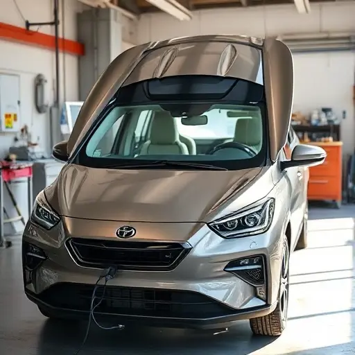A realistic workshop scene showing a Wey Mocha PHEV 2.0T with its front windshield being removed and a new glass being installed, electric motor components and wiring visible near the front of the car, bright natural lighting, high detail, clean background