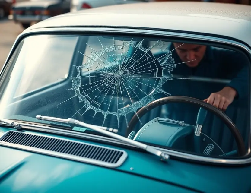 A Volga car with a cracked windshield undergoing windshield replacement. The scene should be outdoors, with a mechanic working on the car. Focus on the replacement process and the car's exterior.