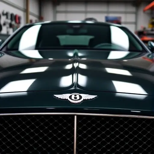 A close-up of a Bentley Continental GT 4.0 L V8 Twin Turbo with a newly installed windshield, showcasing the sleek glass and the car's front fascia, set in a clean automotive workshop environment with subtle lighting.
