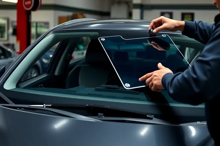 A detailed, realistic scene of a mechanic replacing the windshield on a Mazda CX-60 2.5 PHEV. The image shows the car in a garage setting, the old windshield partially removed, a new clear glass panel being fitted, and the mechanic using appropriate tools. The focus is on the vehicle, the glass, and the hands and tools in action, with a clean, professional atmosphere.