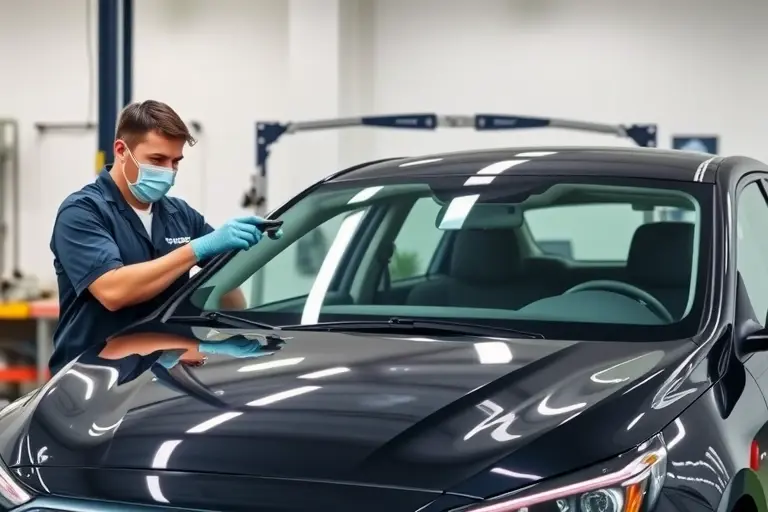 A mechanic in a modern workshop carefully installing a new windshield on a Hyundai Ioniq 6 electric car. The scene shows the car’s sleek front profile, the mechanic wearing gloves and a protective mask, holding a windshield with a precision tool. The background is a clean, well-lit garage with subtle automotive equipment visible, emphasizing the replacement process without any text or logos.