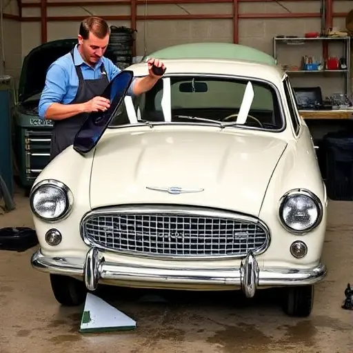 A classic Austin A50 (1954-1957) with its windshield partially removed, a mechanic in a work apron holding a replacement glass, tools such as a suction cup and a glass holder, a garage setting with a workbench, the car hood open, the old broken glass on the floor, no modern cars or electronics visible