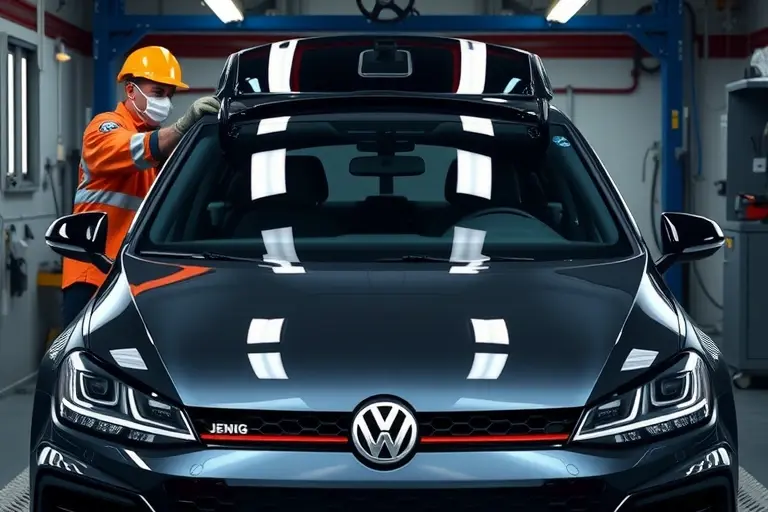 A detailed, realistic scene of a Volkswagen Golf R (2019 model) in a professional auto workshop, with a technician in safety gear carefully removing the old windshield and installing a new one. The focus is on the car's front view, the windshield area, and the tools used for the replacement, showing a clean, well-lit environment.