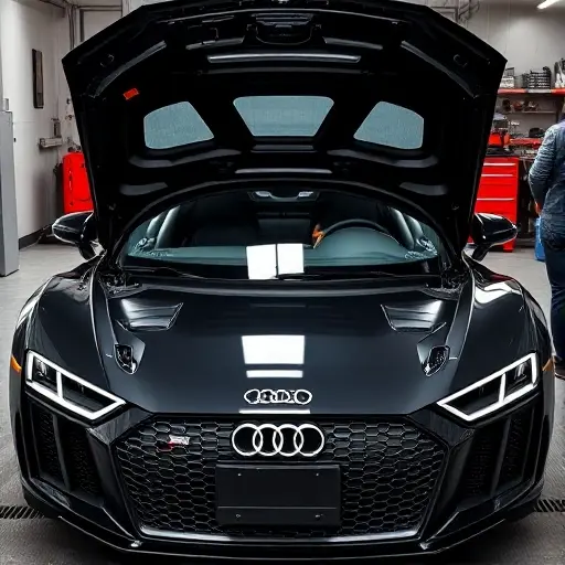 A detailed scene of a mechanic replacing the windshield of an Audi R8 5.2 FSI V10 610 hp (2018–present) in a garage, showing the car’s open hood, the new windshield being fitted, tools and parts around, with a focus on the precision of the replacement