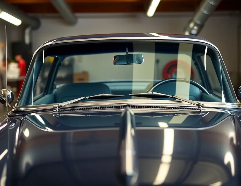 Замена лобового стекла DeSoto Adventurer A DeSoto Adventurer car with a newly replaced windshield, viewed from the front at a slight angle, showing the clean installation of the glass with no visible seams or damage, in a well-lit garage setting with professional tools nearby but not in focus, realistic automotive detail