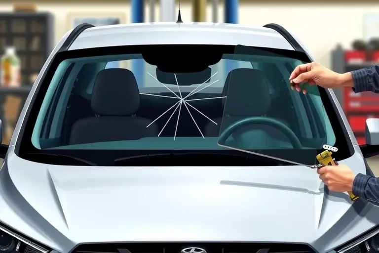 A detailed, realistic illustration of a 2017 AC Ace vehicle with a 2.3 EcoBoost engine, focusing on the front view where the windshield is being replaced. Show the car's hood and roof frame, a partially removed cracked windshield, and a technician's hands holding a new glass panel ready to install, with automotive tools like suction cups and a sealant gun nearby. Emphasize the clean metal and glass textures, subtle reflections, and a workshop background blurred out to keep attention on the replacement process.