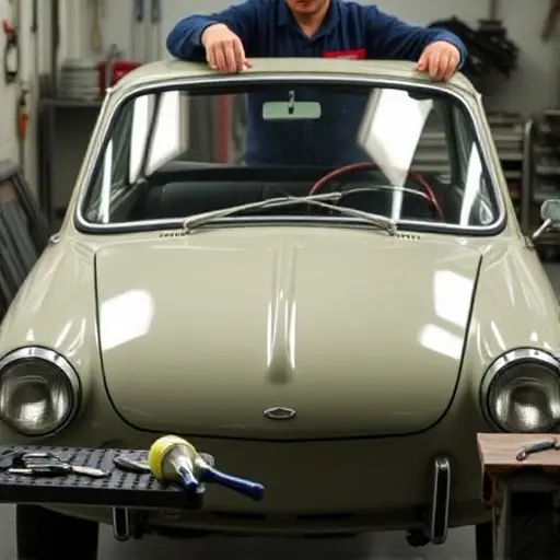 A mechanic in a workshop is replacing the windshield of an Autobianchi A112 0.9 L R4 42 hp from 1969. The image shows the car’s front with the old windshield removed, the new glass being fitted, tools such as a suction cup and a glass cutter on a workbench, and a clear view of the car’s body and hood. The scene is realistic and focused on the replacement process, with no text or lettering visible.