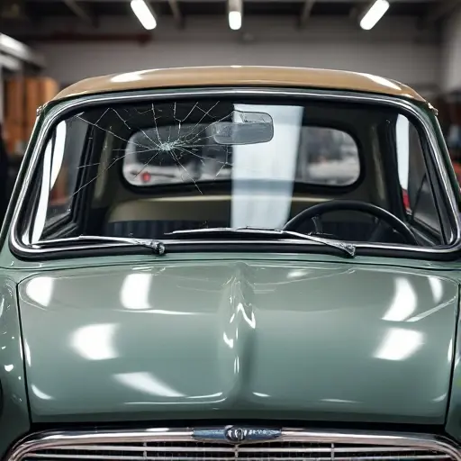 A close-up of a classic Austin 1100 (1963-1971) car with its windshield being replaced. The image shows the car's front view, the old cracked windshield removed, a new clear glass panel being fitted, with a mechanic's hands and tools visible. The setting is a garage with proper lighting, no text or signage.