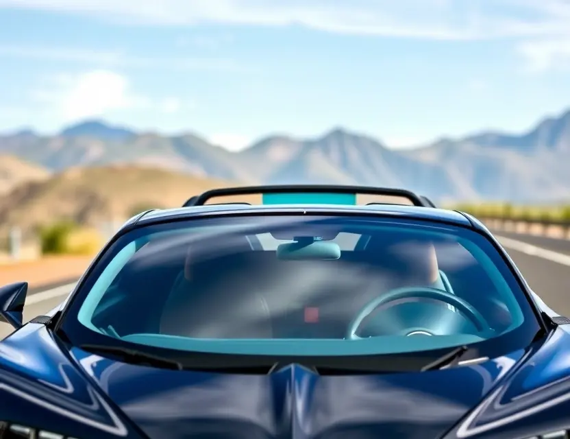A Bugatti Chiron Super with a replaced windshield, showcasing the new glass. The car is parked on a scenic road with mountains in the background. Focus on the clarity and quality of the replacement windshield.
