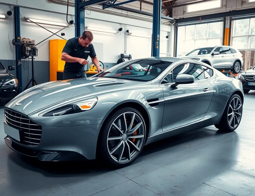 Замена лобового стекла Aston Martin Rapide A high-quality side view of a sleek Aston Martin Rapide parked in a professional auto repair shop, with a technician carefully removing the old windshield using specialized tools, bright studio lighting highlighting the car's elegant curves and metallic paint, clean workshop background with no other vehicles or people visible