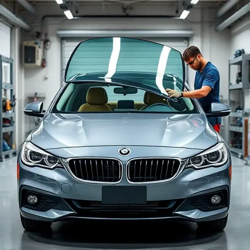 A Brilliance H230 (model years 2012-2016) parked in a clean garage workshop, with a mechanic wearing safety glasses and gloves using tools to remove the damaged front windshield and positioning a new windshield for installation; focus on the car's front view, the windshield frame, and the replacement process, realistic lighting and details, no text or logos