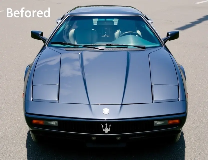 A Maserati MC20 with a replaced windshield, showcasing the new glass. The car is parked on a clean, bright asphalt surface. Focus on the clarity and quality of the replacement windshield.