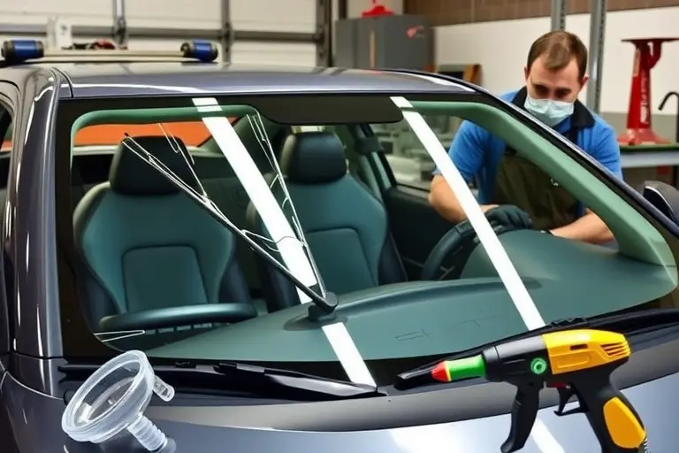 A detailed, realistic scene of a mechanic replacing the windshield on a 2010-2016 Scion tC 2.5L 179hp. The image shows the car in a garage, the old cracked windshield removed, a new clear glass panel being fitted, with automotive tools such as a suction cup, a glass cutter, and a sealant gun in the foreground. The background includes a workbench, a car jack, and a safety mask on the mechanic. The lighting is bright and evenly distributed, highlighting the glass surface and the mechanic’s focused expression. No text or lettering is present in the scene.