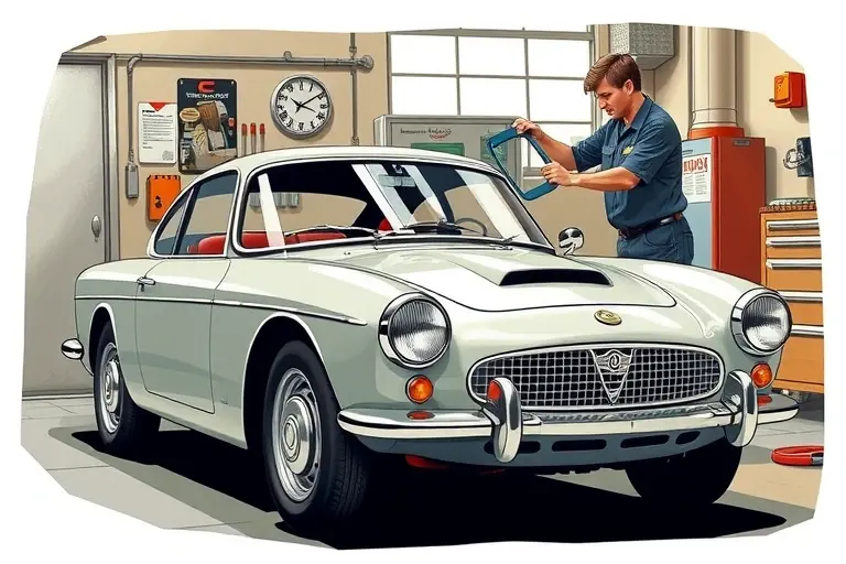 A detailed illustration of a classic 1960s AC Ace 2.6 L sports car (1961-1963) in a vintage garage, showing a mechanic carefully removing the old windshield and positioning a new, clear windshield in place. The scene captures the car's sleek, low-slung body, chrome details, and period-appropriate tools and equipment, with a focus on the windshield replacement process.