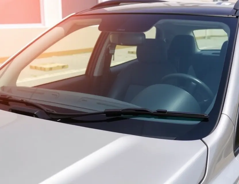 A FAW Bestune B70 with a replaced windshield, showing the new windshield installed. The car is parked outdoors on a sunny day. Focus on the replaced windshield and the installation process.