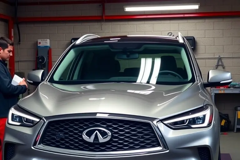 A realistic depiction of a mechanic replacing the windshield on an Infiniti QX60 3.5 V6 295 hp (2022–present) in a garage setting, showing the new windshield being fitted onto the car's front, with tools and a workbench in the background.