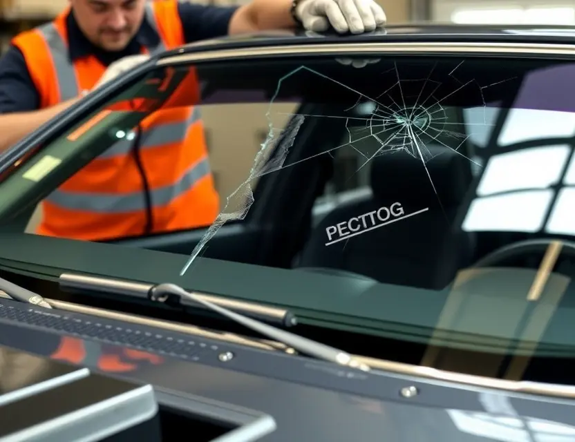 A close-up shot of a Pontiac GTO with a cracked windshield being replaced by a mechanic. The mechanic is wearing a safety vest and gloves, and the new windshield is being carefully installed. Focus on the replacement process and the details of the windshield and the car's frame.